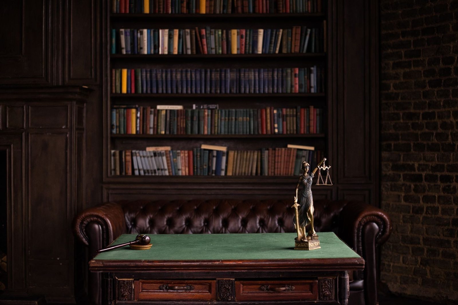 A study with shelves of law books, a gavel and a statue of Lady Justice