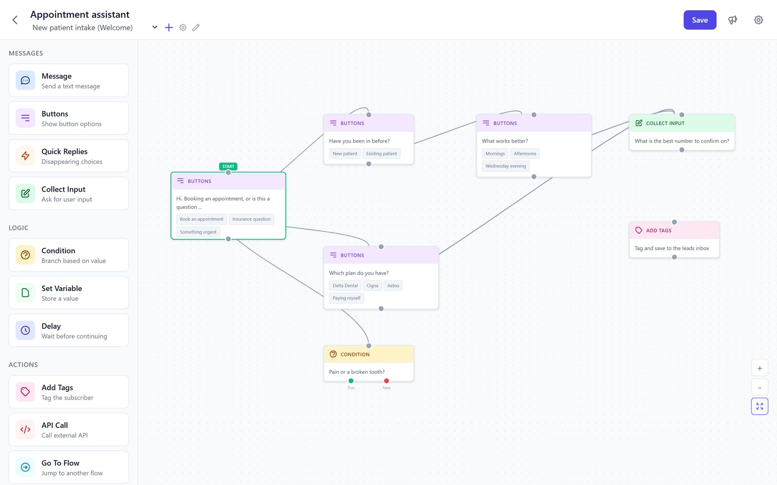 The Alma flow builder, with the steps of an appointment bot connected on a canvas