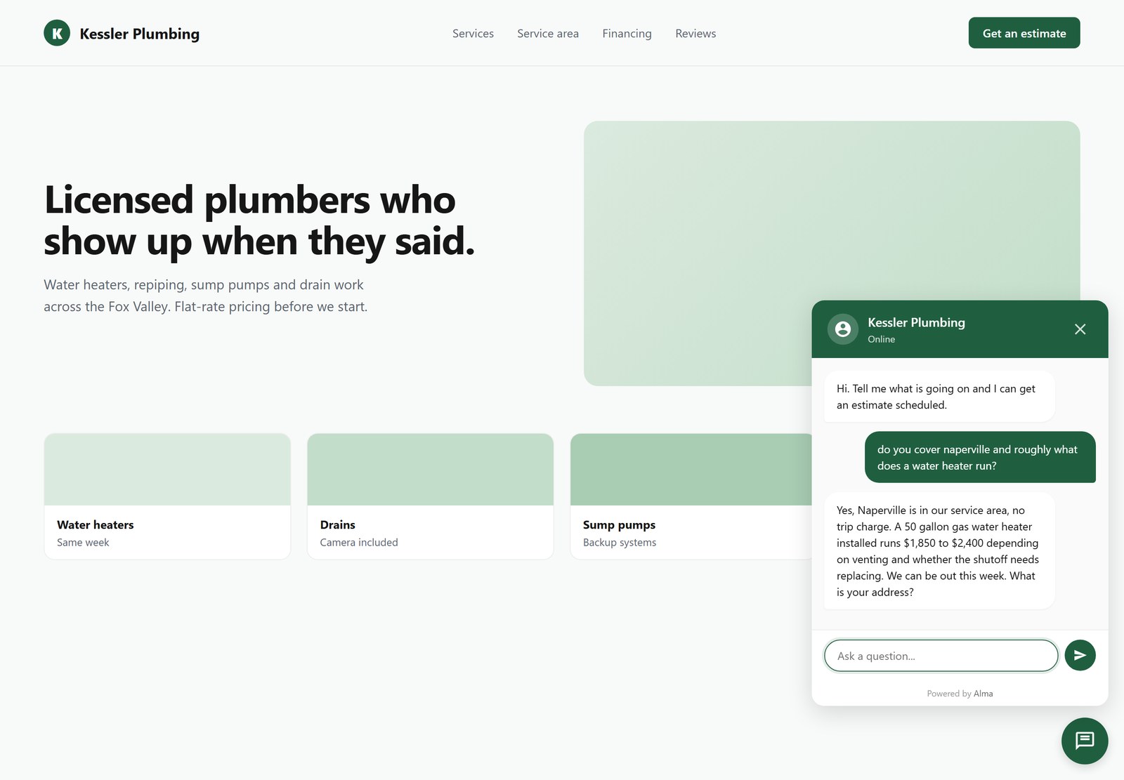 A plumbing company website with the Alma chat window giving a price range for a water heater