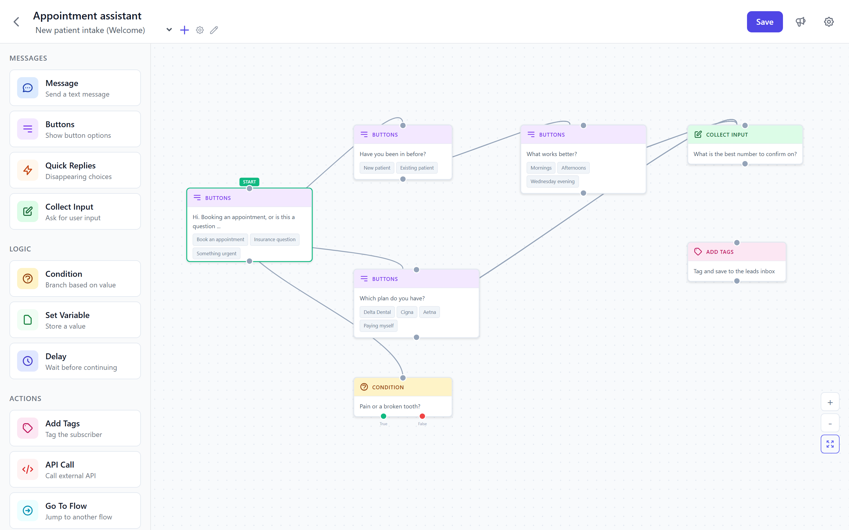The Alma flow builder with a conversation on the canvas: a start node, branching questions, a condition node, and steps that capture a phone number and tag the lead.