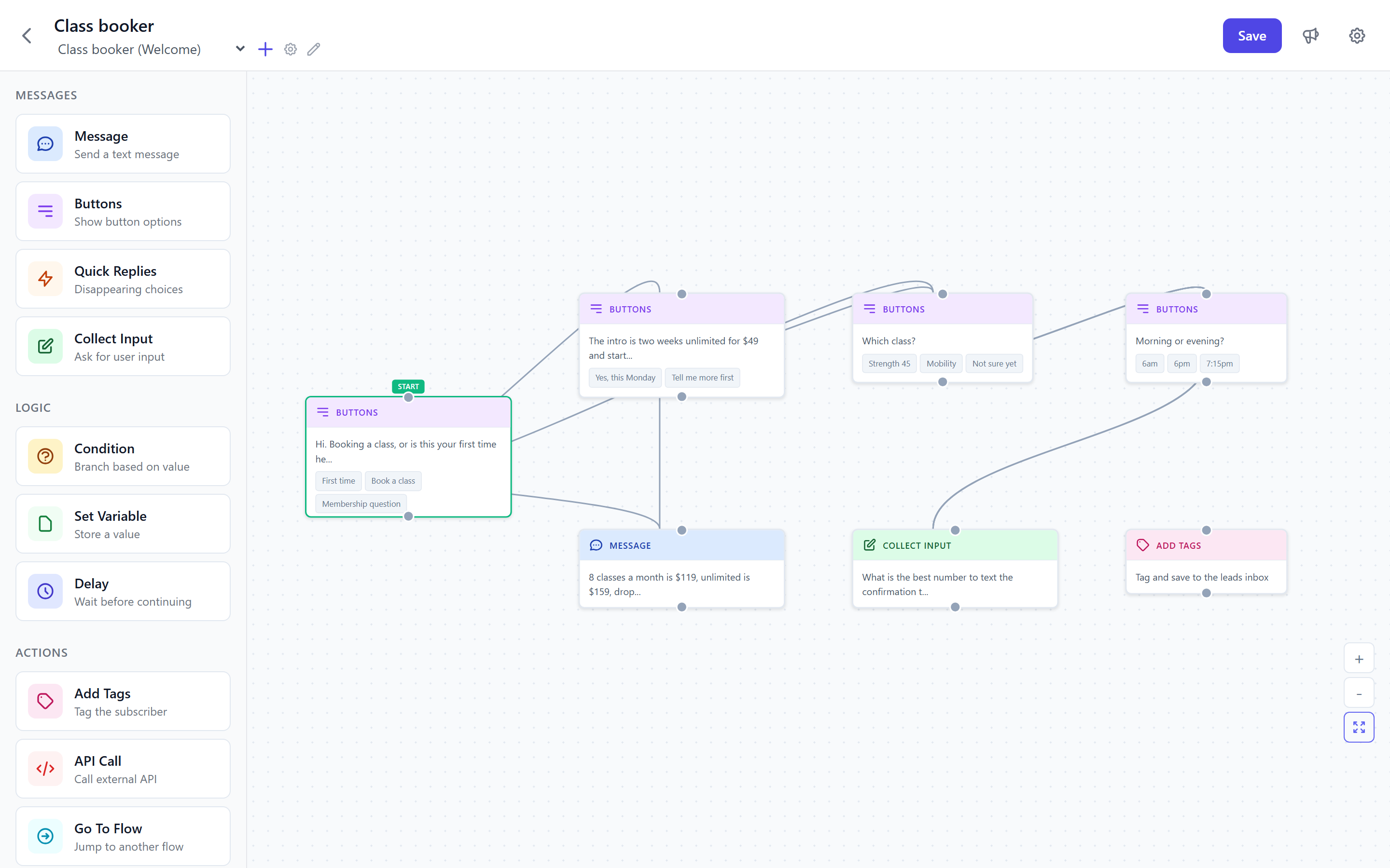 The Alma flow builder showing a class booking flow: first time or booking at the start, the intro pass offer, which class, morning or evening, then a step that collects a number and tags the lead intro pass, Monday 6pm.