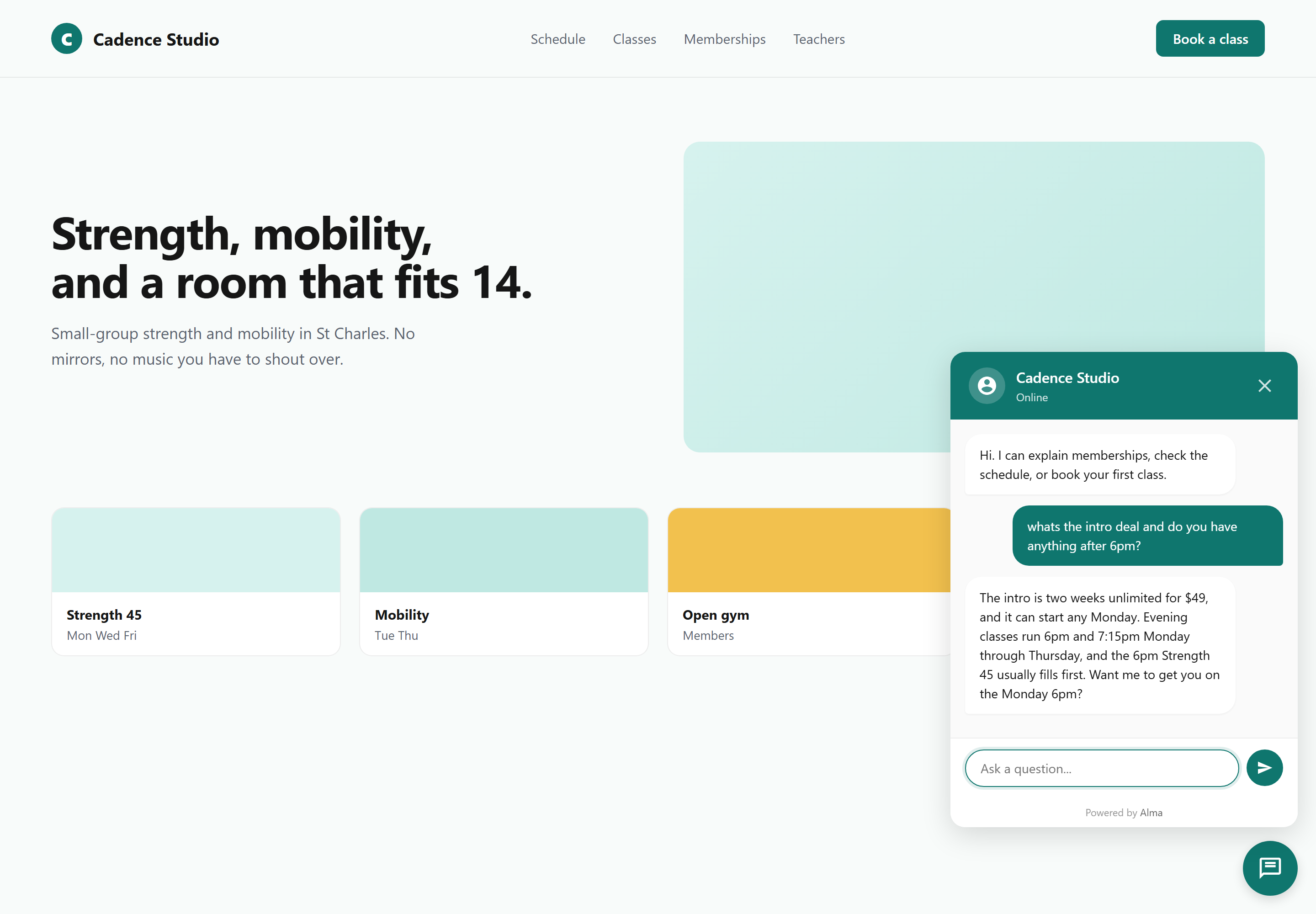 The Alma chat widget open on a fitness studio website. A prospective member has asked about the intro offer and evening classes, and the bot gives the two weeks unlimited for $49 intro and the 6pm and 7:15pm weekday schedule.
