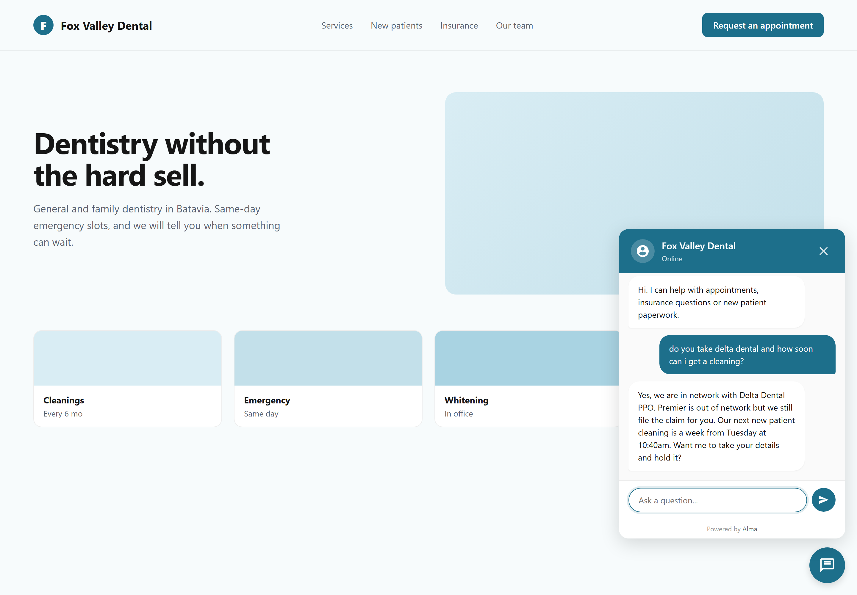 The Alma chat widget open on a dental practice website. A patient has asked whether the practice takes Delta Dental and how soon they can get a cleaning, and the bot confirms Delta Dental PPO is in network and offers the next new patient slot.