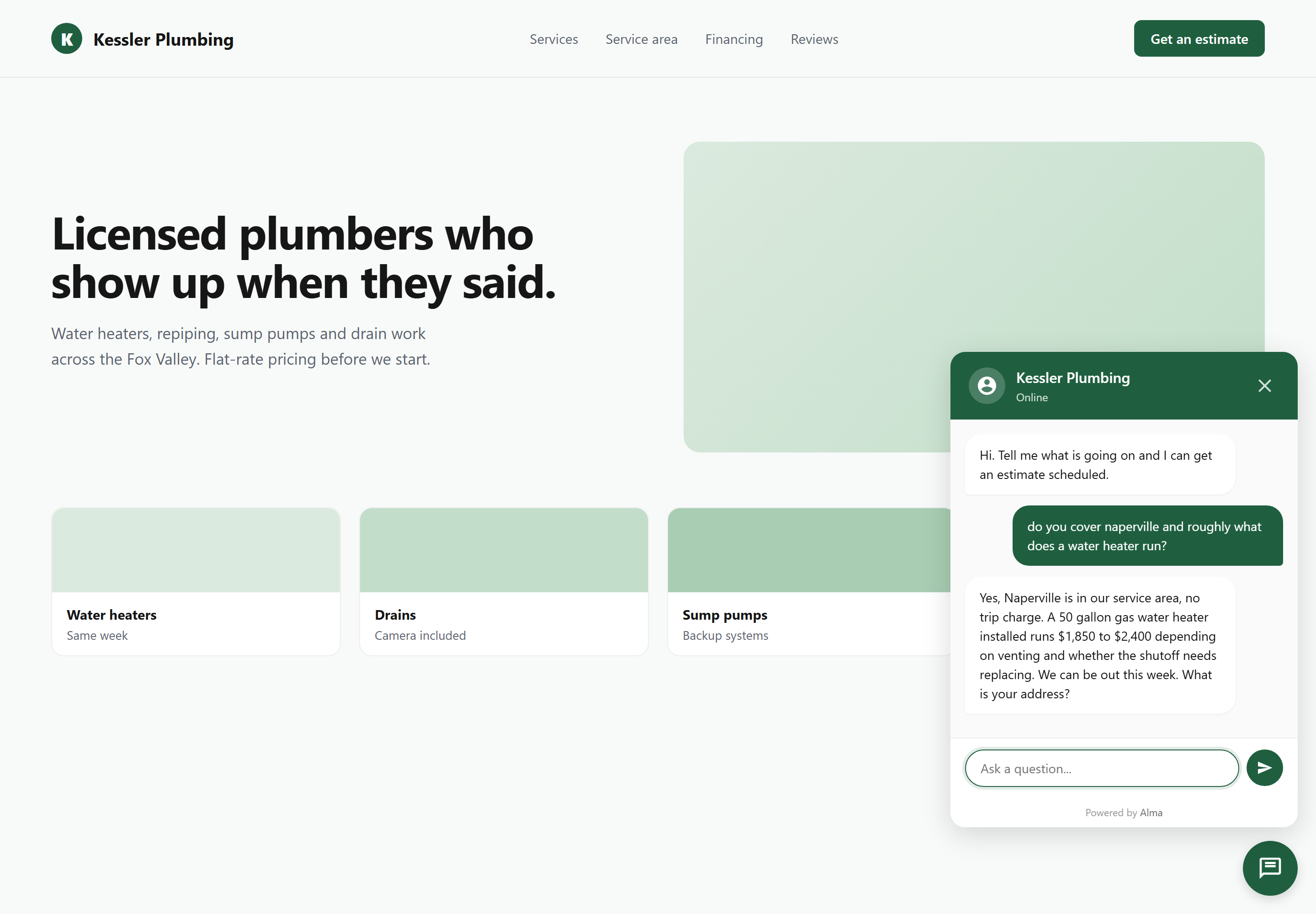 The Alma chat widget open on a plumbing contractor's website. A homeowner has asked whether the company covers Naperville and what a water heater costs, and the bot confirms Naperville has no trip charge, gives the $1,850 to $2,400 installed range, and asks for the address.