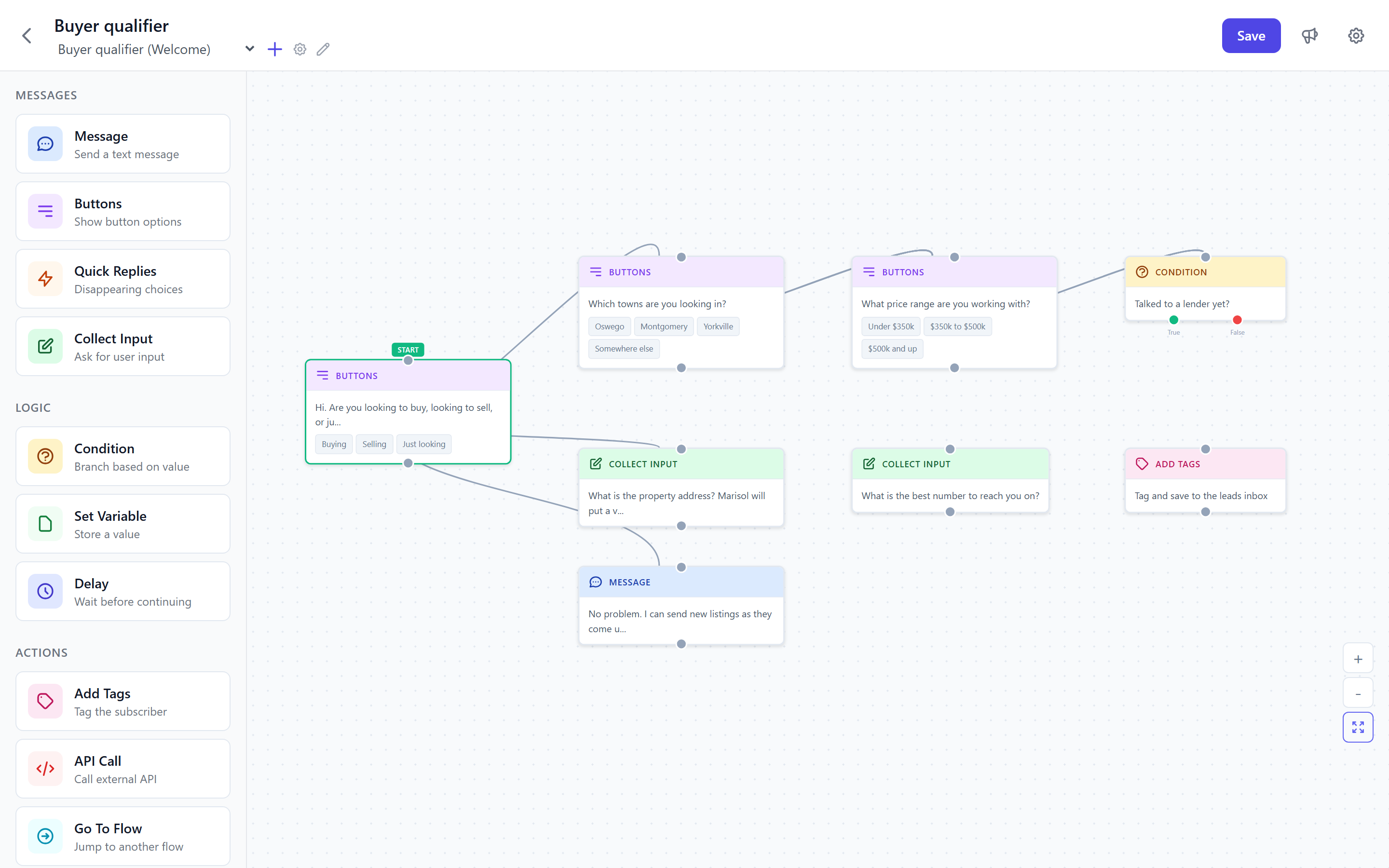The Alma flow builder showing a buyer qualifier flow: buying or selling at the start, then town, then price range, a condition node for whether they have a lender, and a step that tags the lead buyer, Oswego, needs lender.