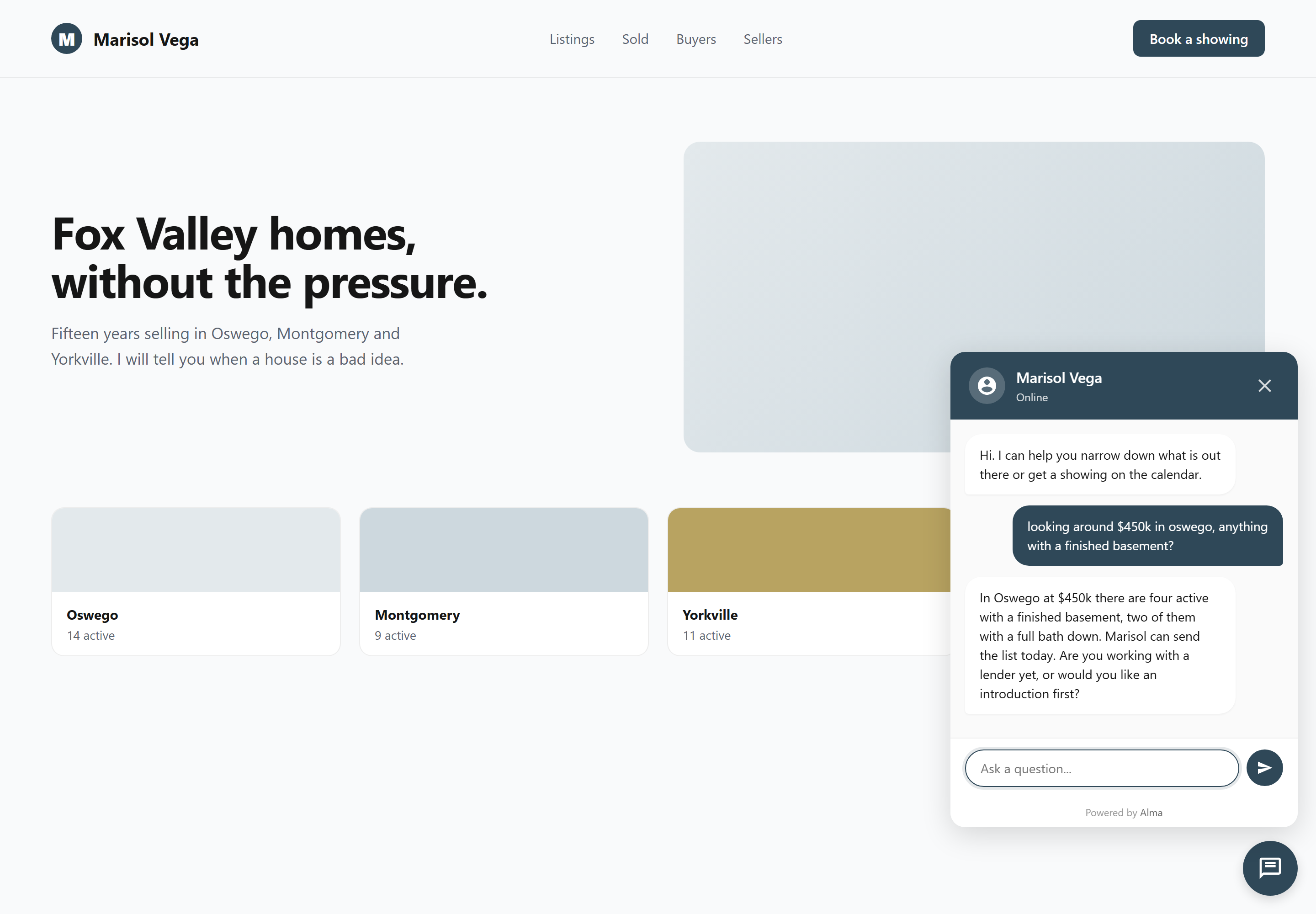 The Alma chat widget open on a realtor's website. A buyer has asked about homes around $450,000 in Oswego with a finished basement, and the bot reports four active listings, two with a full bath downstairs, then asks whether they are working with a lender yet.