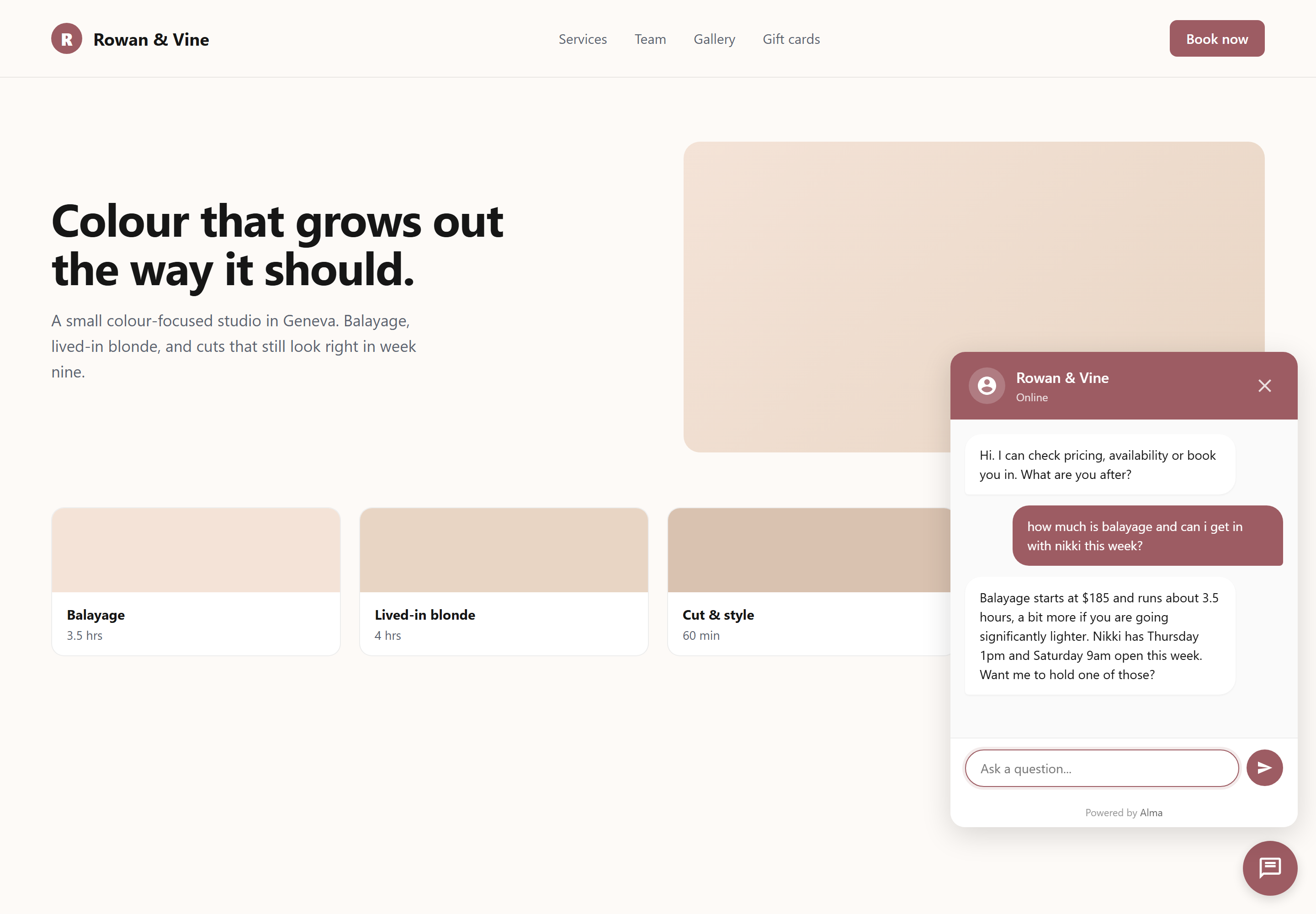 The Alma chat widget open on a salon website. A visitor has asked how much balayage costs and whether they can get in with Nikki this week, and the bot answers both from the salon's own knowledge: $185 and about 3.5 hours, with Thursday 1pm and Saturday 9am still open.