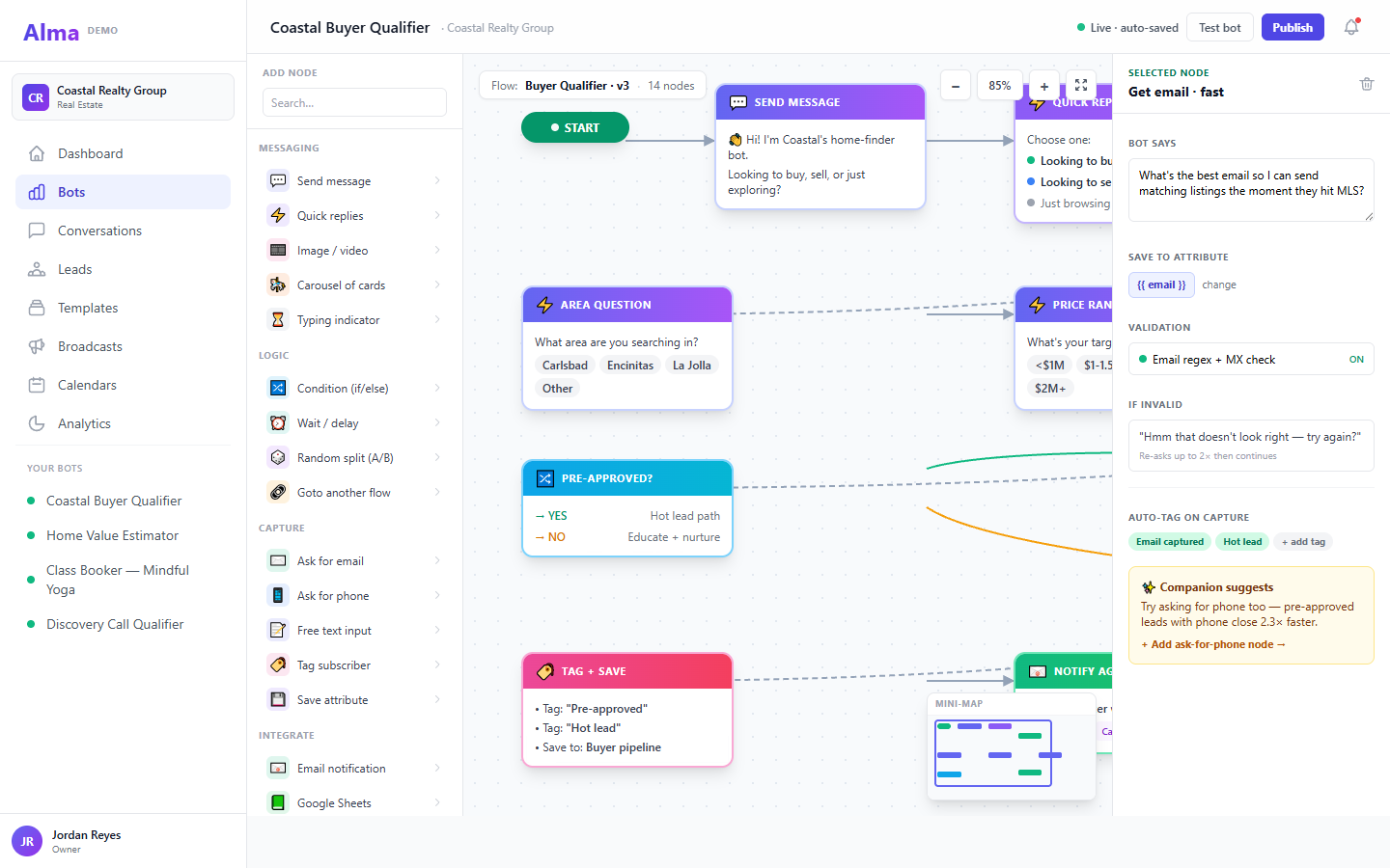 Alma flow-builder canvas showing the Coastal Buyer Qualifier bot — START node, question nodes, conditional branches, an APPROVED branch, and an END node, with a right-side configuration panel