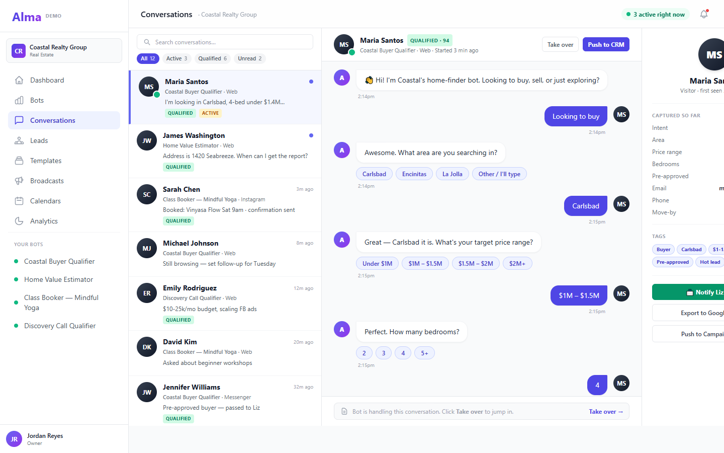 Alma conversations view showing the Mindful Yoga Class Booker bot — Sarah Chen booked Vinyasa Flow Saturday 9am, David Kim asked about beginner workshops, Lisa Thompson flagged as a lapsed member for win-back