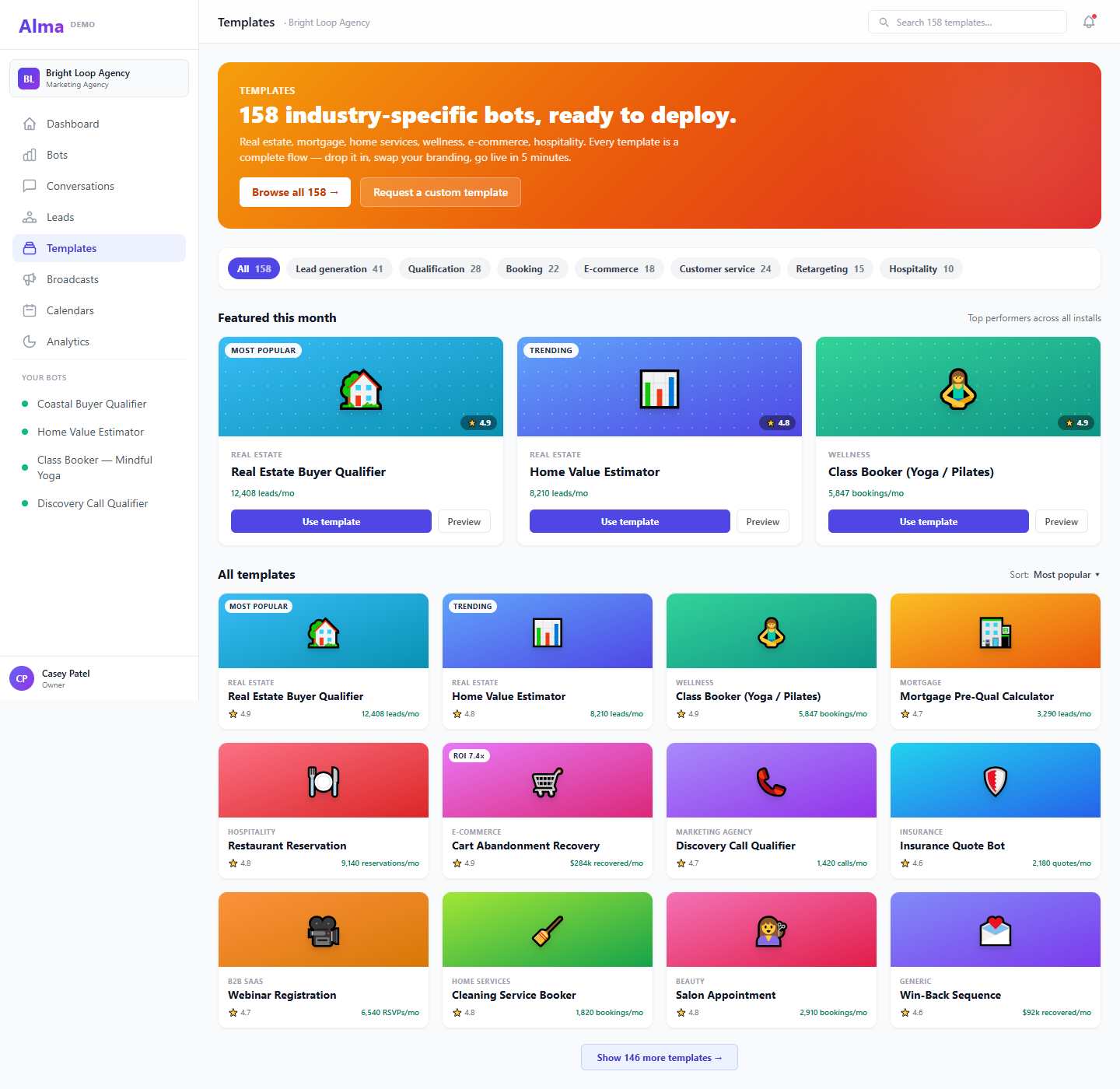 Alma template picker showing 161 industry-specific chatbot templates organized across categories like real estate, healthcare, hospitality, fitness and wellness, political campaigns, and home services